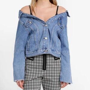 NWT Moto By Topshop Off The Shoulder Blue Jeans Jacket Size 2 Versatile
